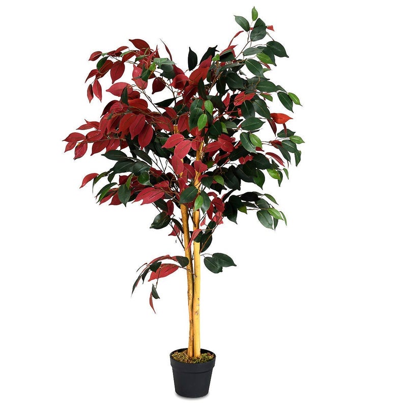 COSTWAY Fake Artificial Greenery Plants in Pots Decorative Home, Office, Lobby (4Ft Ficus Tree), Green & Red - Image 1